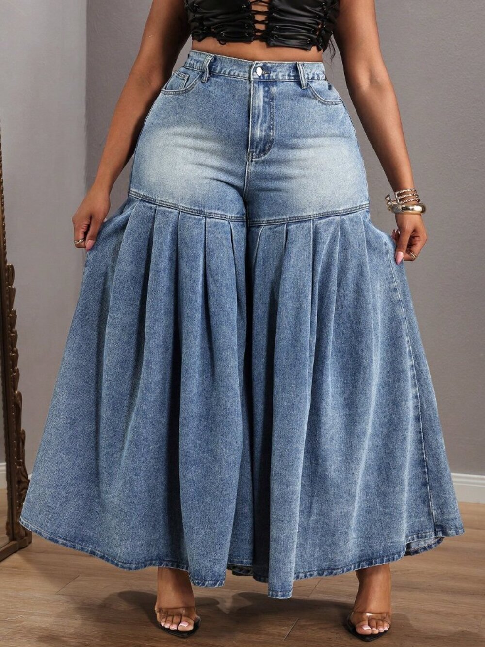 Coffee Brown Casual Women's Plus Size Pleated Wide Leg Denim Maxi Skirt - Picture 5 of 7